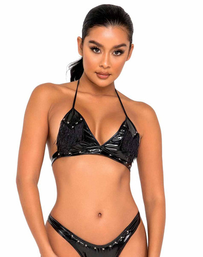 R-6126 - Studded Vinyl Bikini Top with Fringe Detail