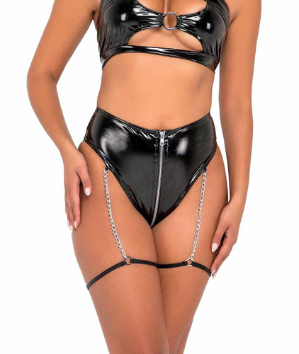 R-6118 - High-Waisted Black Vinyl Zip-Up Shorts By Roma