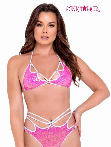 R-6094 - Keyhole Sequin Hot Pink Bikini Tie-Top By Roma