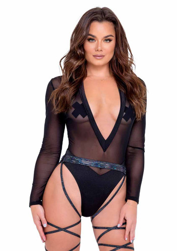 R-6086 - Raver Sheer Mesh Long Sleeved Romper By Roma