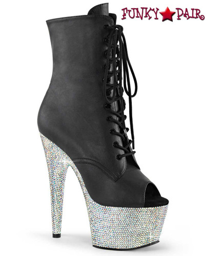 BEJEWELED-1021-7, 7" Black Faux Leather Rhinestones Platform Ankle Boots with Open Toe By Pleaser