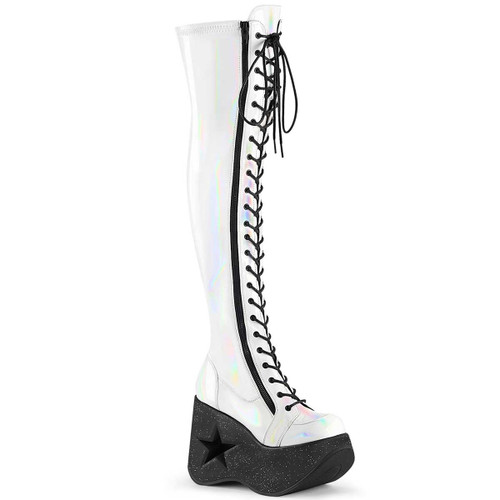 DYNAMITE-300, Cutout Star Platform White Hologram Thigh High Boots By Demonia
