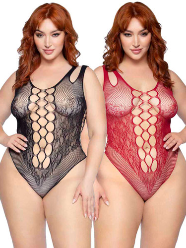 LA81641X, Plus Size Net and Lace Dual Straps Bodysuit by Leg Avenue