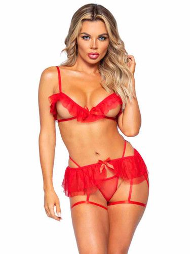 LA81645, Mesh Ruffle Open Bra Set by Leg Avenue