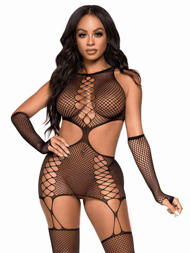 LA89303, Net Cut Out Faux Lace Up Garter Dress Set by Leg Avenue