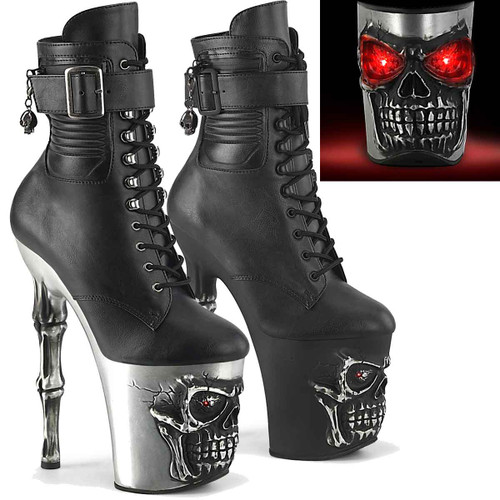 RAPTURE-1020STR-LT, 8" Skull Platform W/Red Led Eyes Ankle Boot By Pleaser