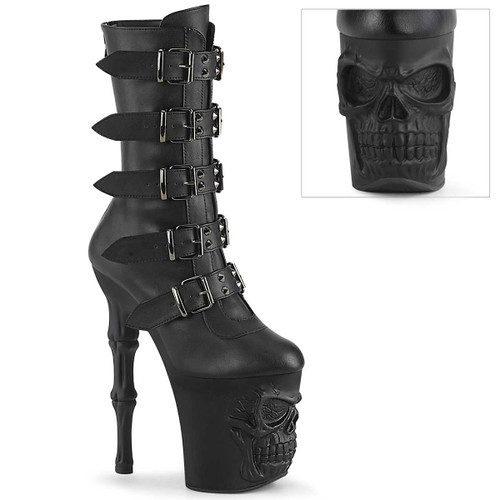 RAPTURE-1052BK  8" Finger Bone Skull Sculpted Buckle Straps Boot By Pleaser USA