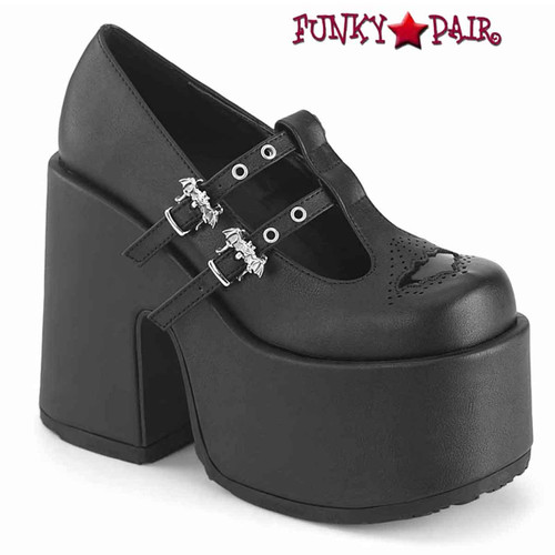 CAMEL-55, Black Vegan Leather Chunky T-Strap Maryjane Shoes By Demonia