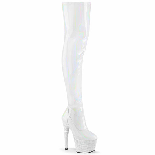 BEJEWELED-3000-7, White Thigh High Boots with Rhinestones Platform