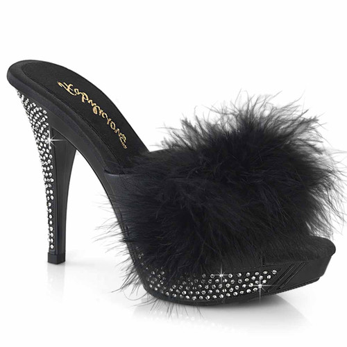 ELEGANT-401F, Black 4.5 Inch Marabou Slipper By Fabulicious