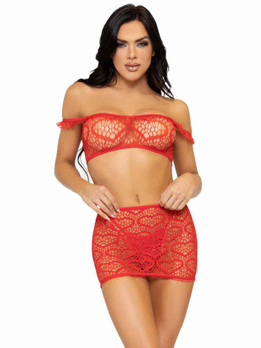 LA86138, Red Heart Mini Skirt with Off The Shoulder Top