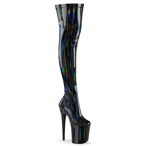 Flamingo-3000HWR, Black 8 Inches Holographic Thigh High Boots By Pleaser