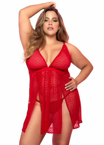 MA7353X, Plus Size Red Mini Heart Babydoll by Mapale