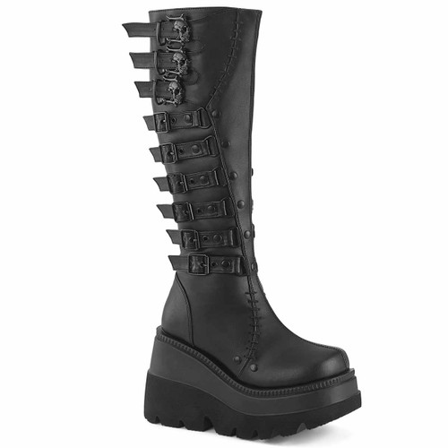 SHAKER-232, Wedge Boots with Skull Buckles By Demonia