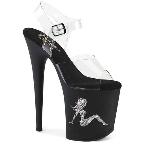FLAMINGO-808TGRS, 8" Silver Rhinestones Trucker Girl Platform Sandal By Pleaser USA