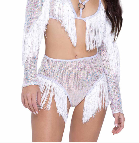 R-6221 - White Fringe Sequin Fishnet High Waist Short