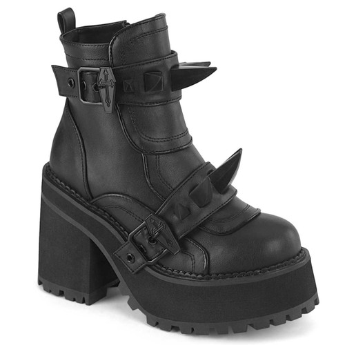 ASSAULT-72, Black Faux Leather Spike Ankle Boots By Demonia