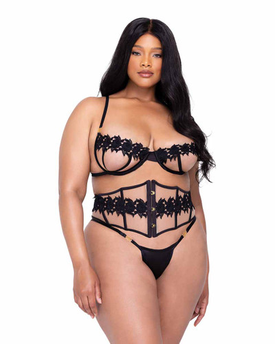 R-LI648Q, Plus Size Floral and Lace Trim Corset Set By  Roma