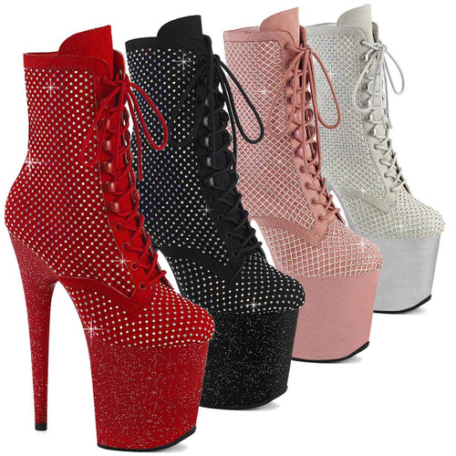 FLAMINGO-1020RM, 8 Inch Ankle Boots with Rhinestones Mesh Overlay By Pleaser USA