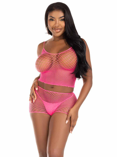 LA81662, Neon Pink Net Tank & Boyshort Set