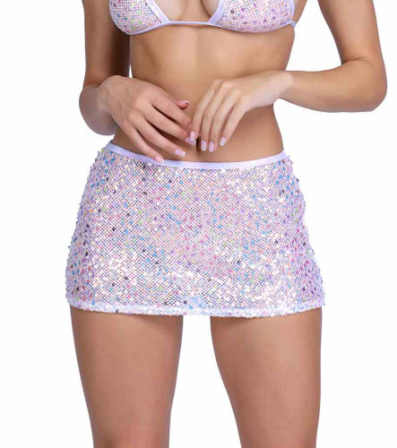 PR-6434, White Sequin Fishnet Mini Skirt By Roma