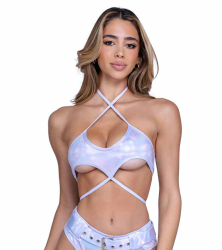 PR-6439, White Shimmer Top with Underboob Cutout By Roma