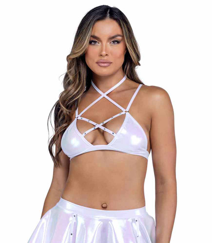 PR-6454, White Metallic Criss Cross Top with Rhinestone Strap