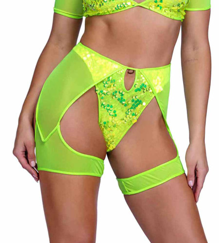 PR-6422, Neon Yellow Sequin Shorts with Mesh Chaps By Roma