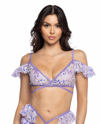 JR-128, Lavender Sequin Lace Wrap Top By J Valentine