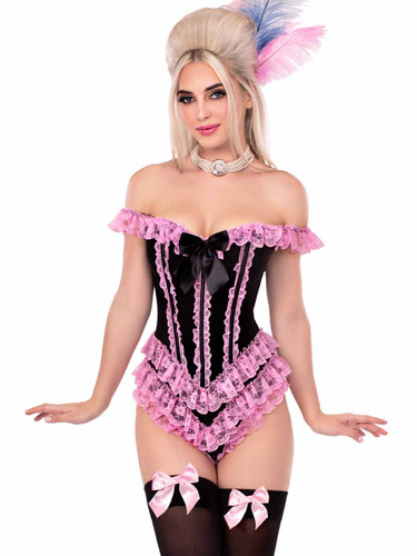 LA87290, Black/Pink Ruffle Bodysuit with Boning By Leg Avenue