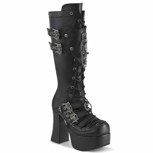 CHARADE-230, 4 Inch Chunky Heel Knee High Boots with Chain and Skull By Demonia