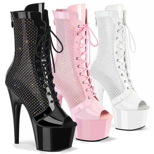 ADORE-1048RSNT, 7 Inch Open Toe Boots with Rhinestones Mesh Side Panel By Pleaser USA
