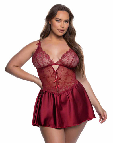 R-LI838Q, Plus Size Wine Stain and Lace Babydoll By Roma