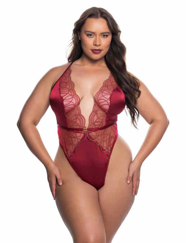 R-LI834Q, Mesh and Satin with Bead Lace Design Plus Size Teddy By Roma