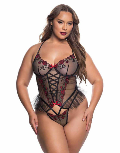 R-LI843Q, Plus Size Rose Accent Peplum Teddy By Roma