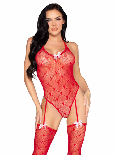 LA89360, Heart Net Teddy with Attached Stockings By Leg Avenue