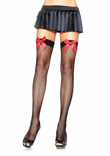 LA-9018, Black Stockings Fishnet with Red Bows