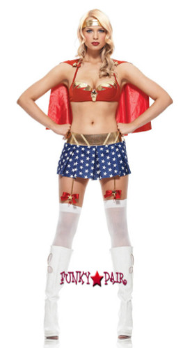 5Justic Girl Costume comes with underwire bra top, garter skirt with satin bows and star applique, clip-on cape, and head band.5