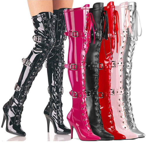 Seduce-3028, 5" Lace up Buckle Stretch Thigh High Boots by Pleaser