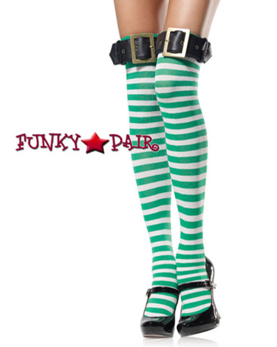 White/Green Striped Thigh Highs with Belt | Leg Avenue (6898)