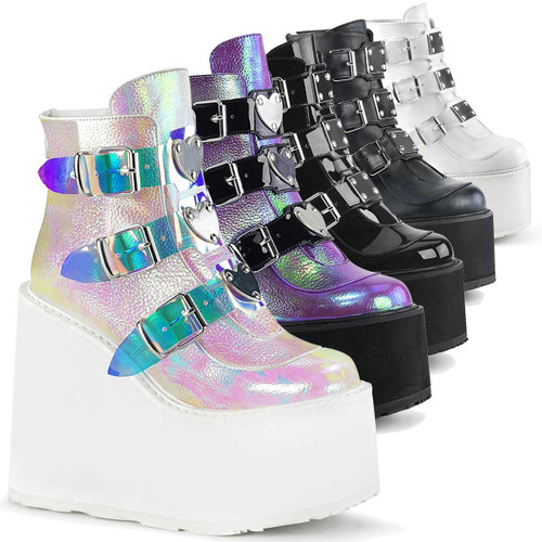 Swing-105, Rave Triple Buckle Wedge Platform Ankle Boots by Demonia