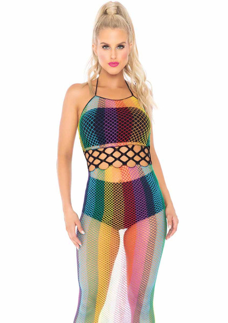 Leg Avenue | LA88021, Rainbow Net Long Halter Dress