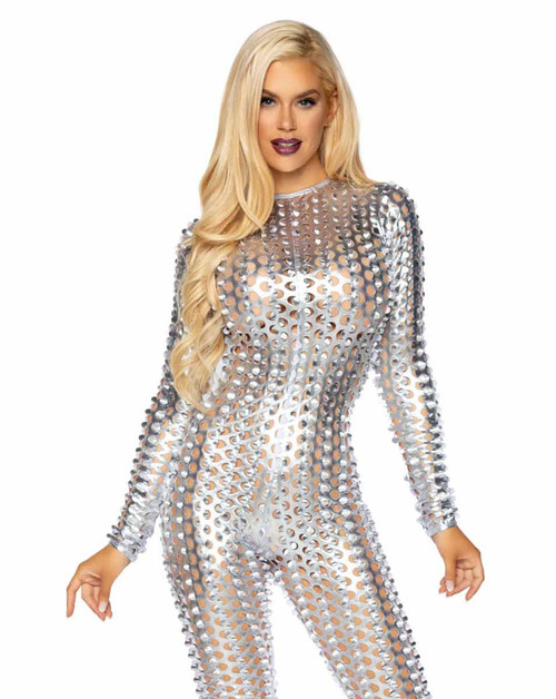 LA-86892, Laser Cut Metallic Catsuit by Leg Avenue