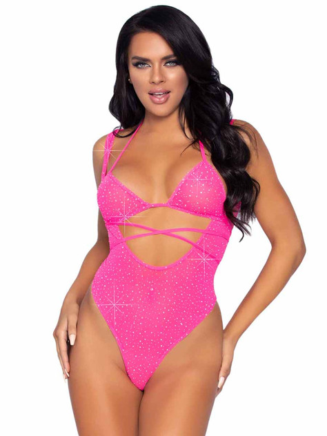 LA89284, Rhinestones Suspender Hot Pink Bodysuit By Leg Avenue