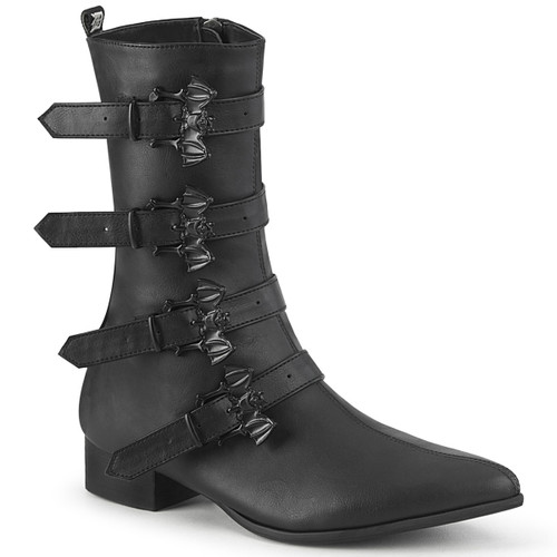 Warlock-110-B, Winklepicker Mid-Calf Boot With Buckle Straps By Demonia