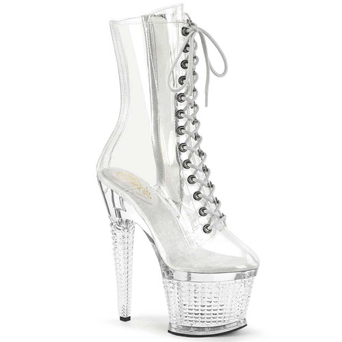 SPECTATOR-1040C, 7" Clear Lace-Up Ankle Boot By Pleaser USA