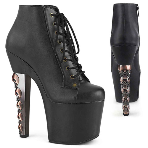 HEX-1005, 7" Skulls Stacked Heel Ankle Bootie By Pleaser USA