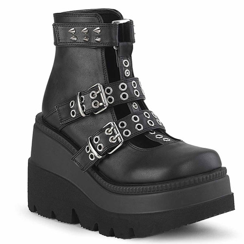 SHAKER-62, Grommet Buckles Straps Wedge Boots By Demonia