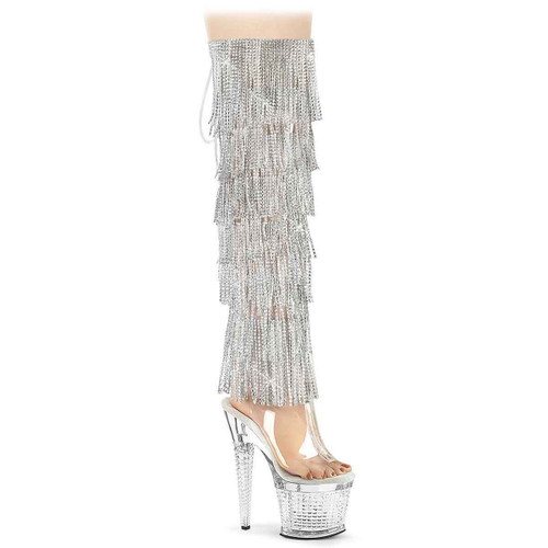 SPECTATOR-30109C-RSF, 7" Clear Thigh High Boots with Fringe By Pleaser
