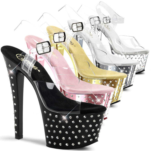 Stripper Shoes | Stardust-708, 7 Inch High Heel Stiletto with 2.75 Inch Platform Ankle Strap Rhinestones Studded Sandal * Stardust-708